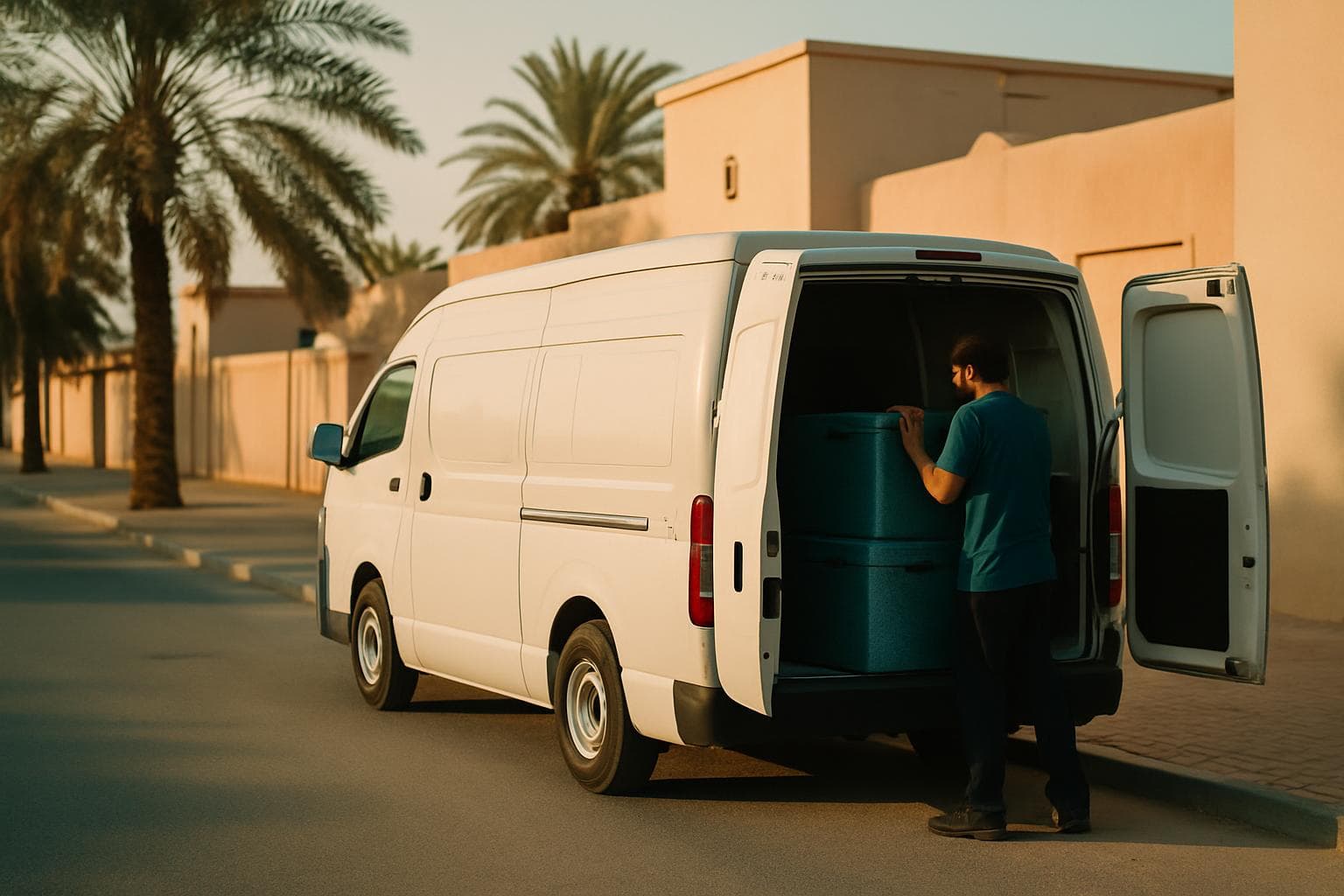 A Fins and Paws delivery van being loaded on a quiet street