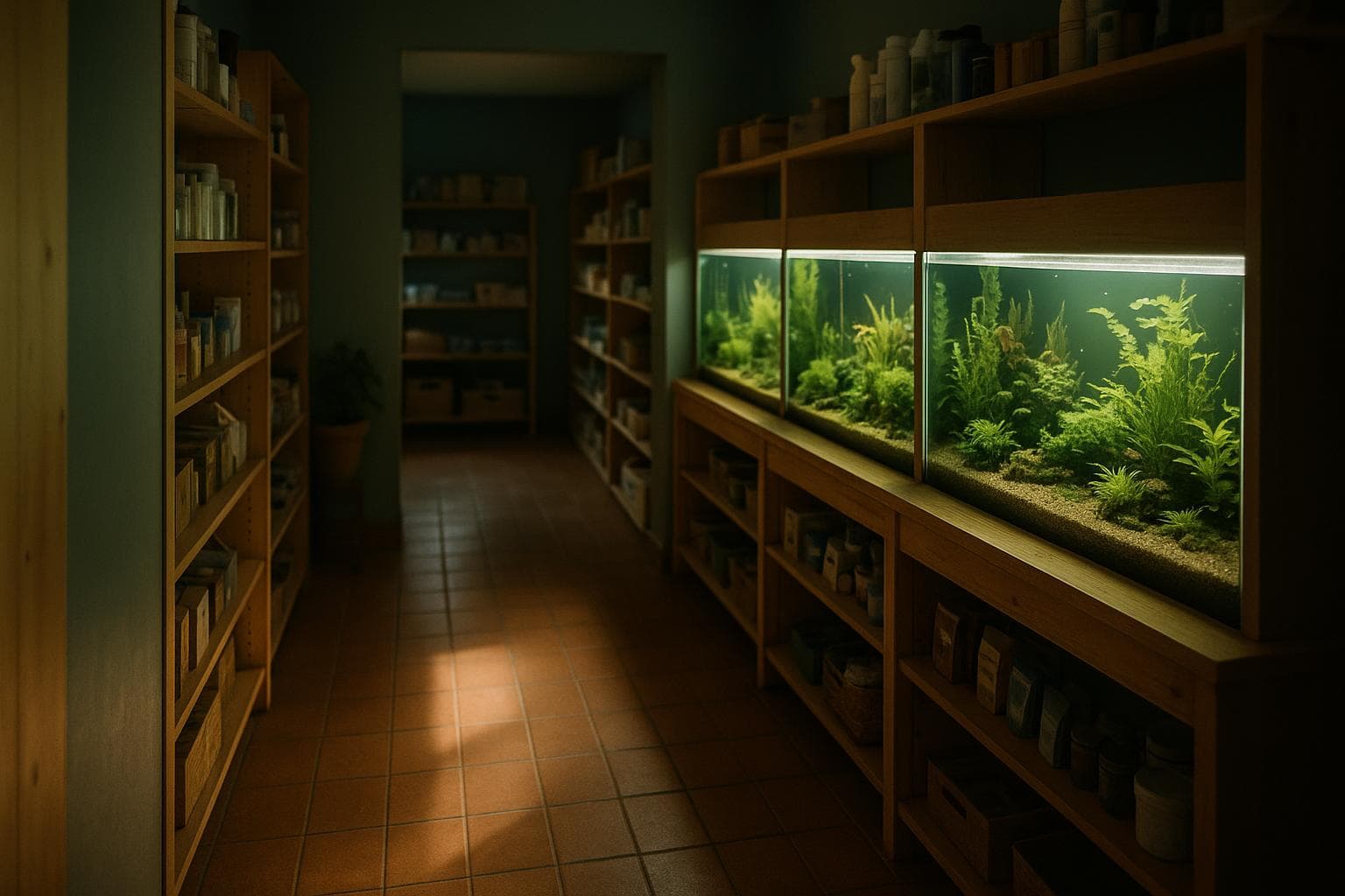 Inside the Fins and Paws shop on Al Muntasir Road, rows of aquariums along the wall